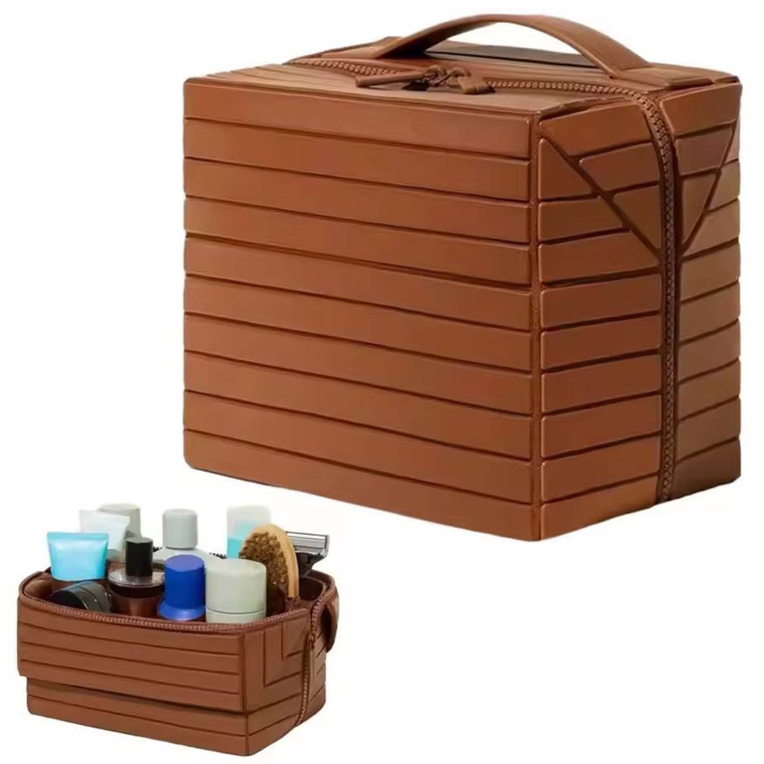 Foldable Travel Makeup Organizer Bag. Large capacity, waterproof cosmetic bag with dividers for women. Portable brown bag.