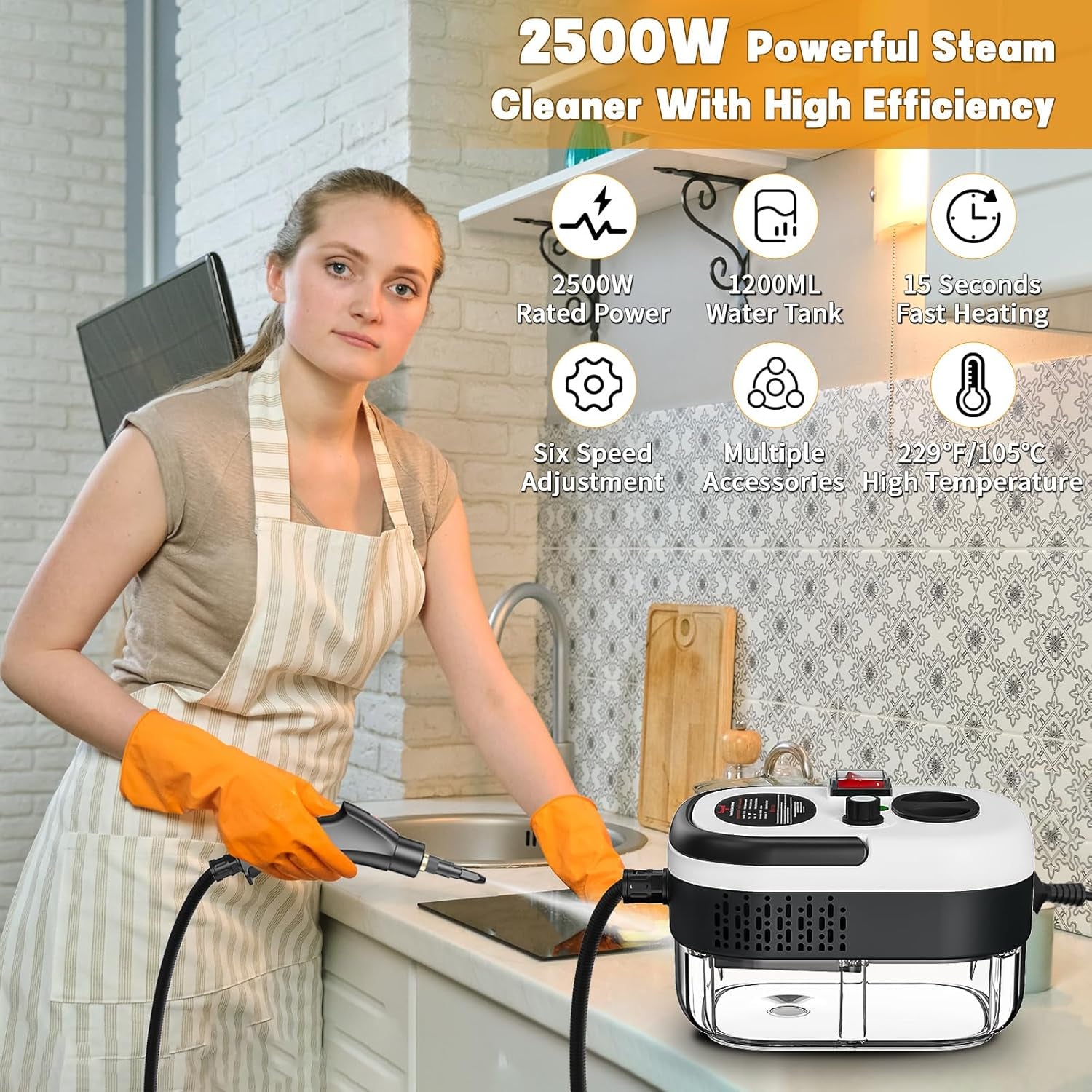 High Pressure Handheld Steam Cleaner. 15s fast heating portable steamer for dirt, grease, grout, tile, floor & car. White.