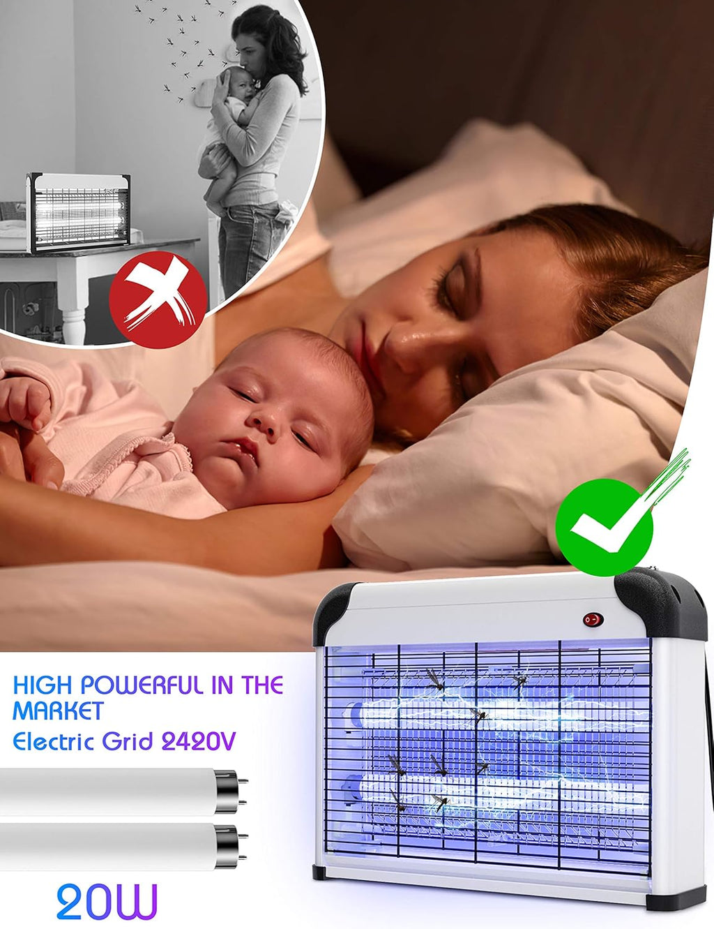 Electric Bug Zapper - 20W UV Mosquito Killer, 2800V Grid, Plug-in Hanging Indoor Insect Trap for Mosquitoes, Flies, Moths