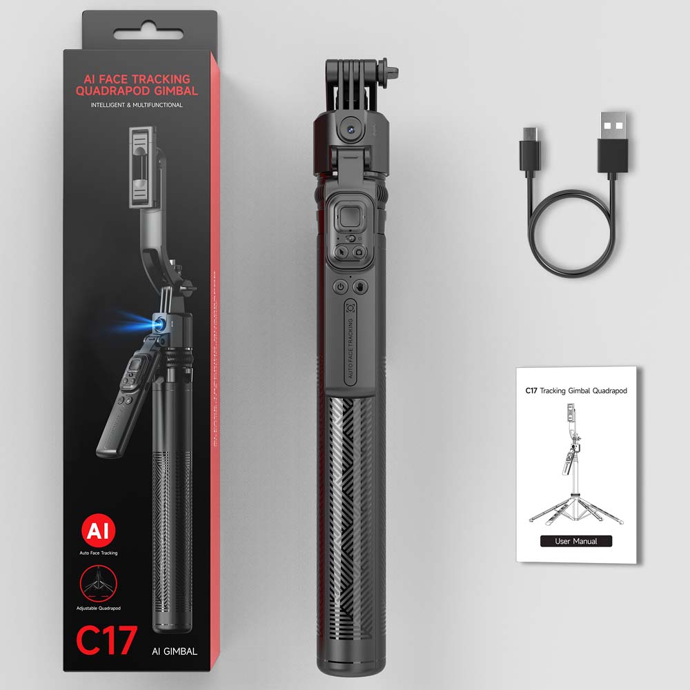 C17 AI Face Tracking Selfie Stick & Tripod. 360° rotation, smart gesture control & Bluetooth remote for vlogging & streaming.