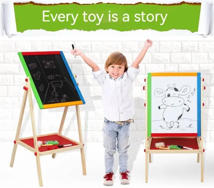 Kids Writing Board – Portable Double-Sided Wooden Easel with Whiteboard