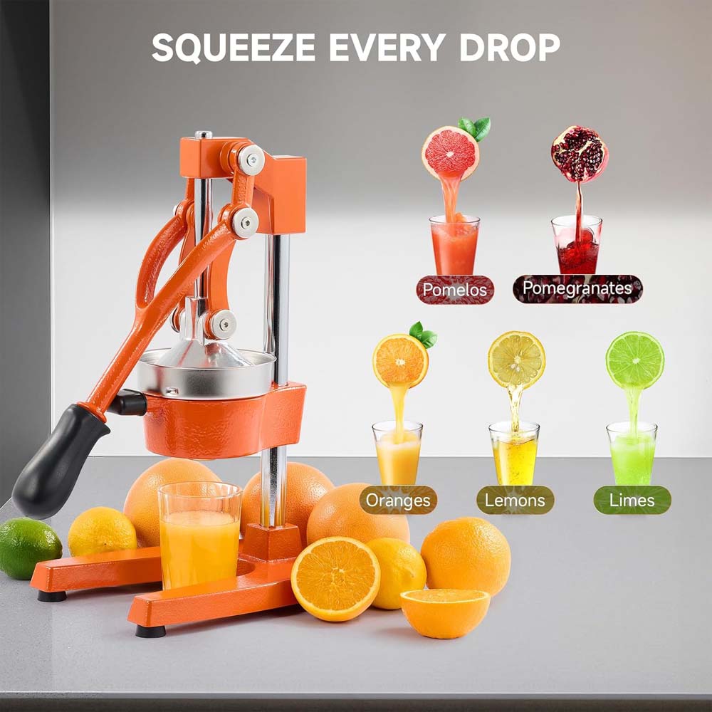 Hand Press Manual Citrus Juicer. Professional orange juicer & lemon squeezer for fresh juice. Easy to clean commercial-grade press.