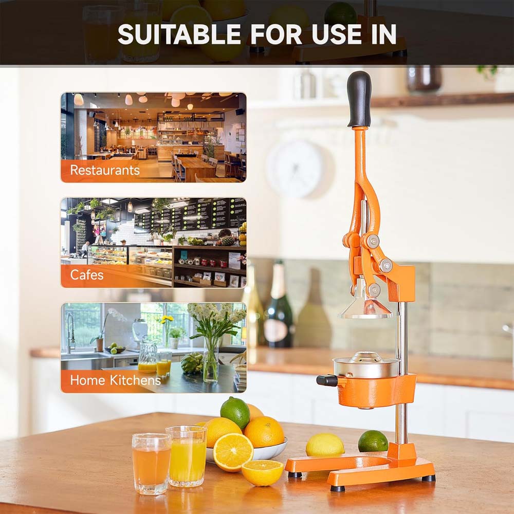 Hand Press Manual Citrus Juicer. Professional orange juicer & lemon squeezer for fresh juice. Easy to clean commercial-grade press.