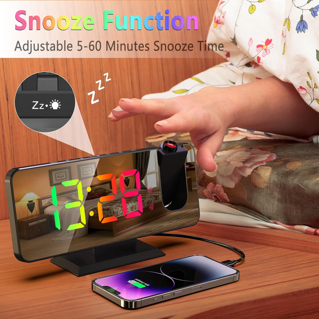 Projection Alarm Clock - 180° Rotatable Ceiling Projector, RGB LED Display, Dual Alarm & 5-Level Dimmer (Black)