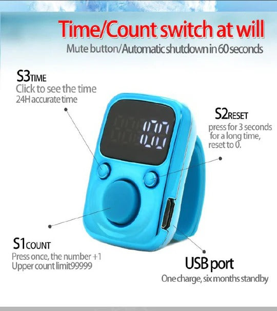Digital LED Finger Tally Counter - Rechargeable Luminous Electronic Clicker for Prayer, Stitch Marker, and Counting Tasks | Compact Handheld Counter with Adjustable Strap & Bright LED Display | Durable and Lightweight Design in Elegant Rose Gold Finish