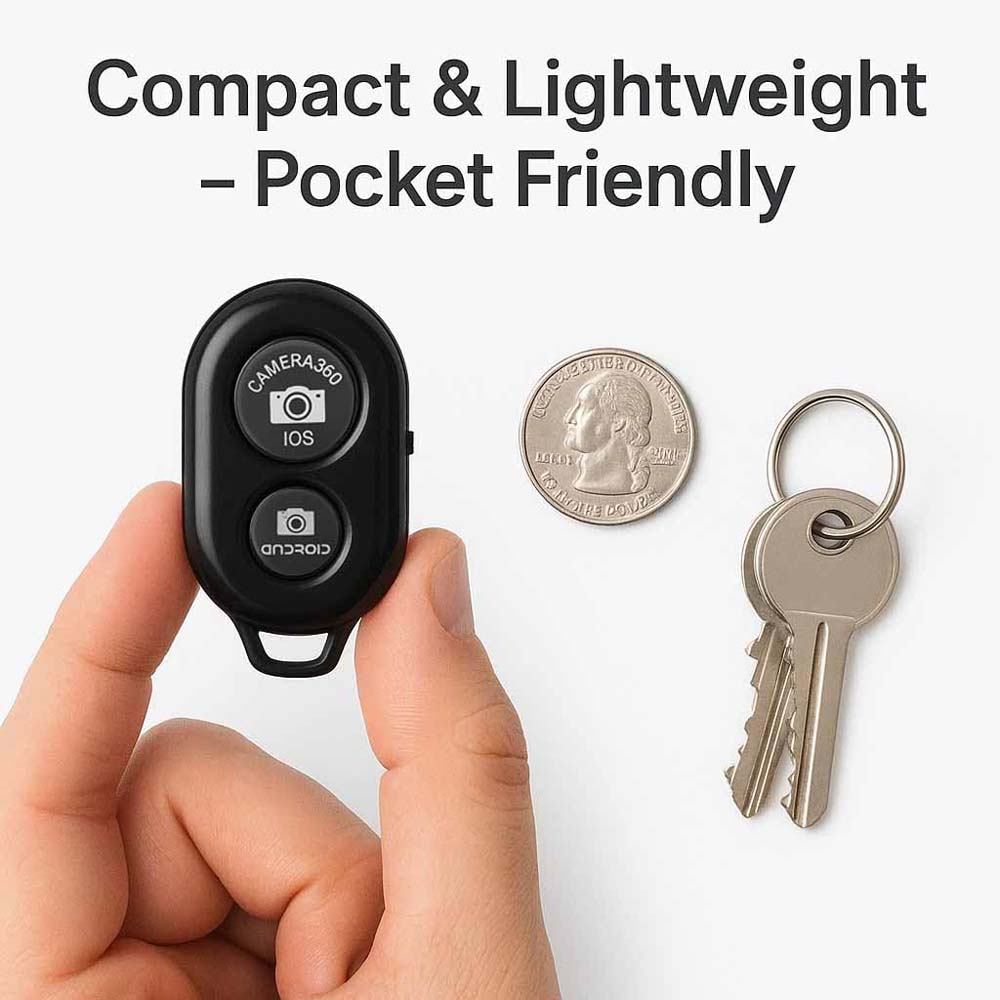 Bluetooth Remote Shutter Button for Selfie Stick & Tripod. Wireless camera clicker compatible with Android & iOS smartphones.