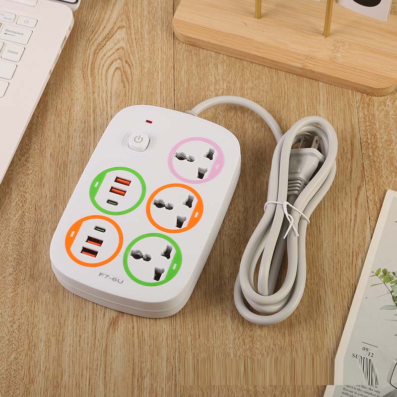 4USB+2Type-C British Standard Power Switch - Black Color-Changing LED Circle w/ Total Control, 2500W