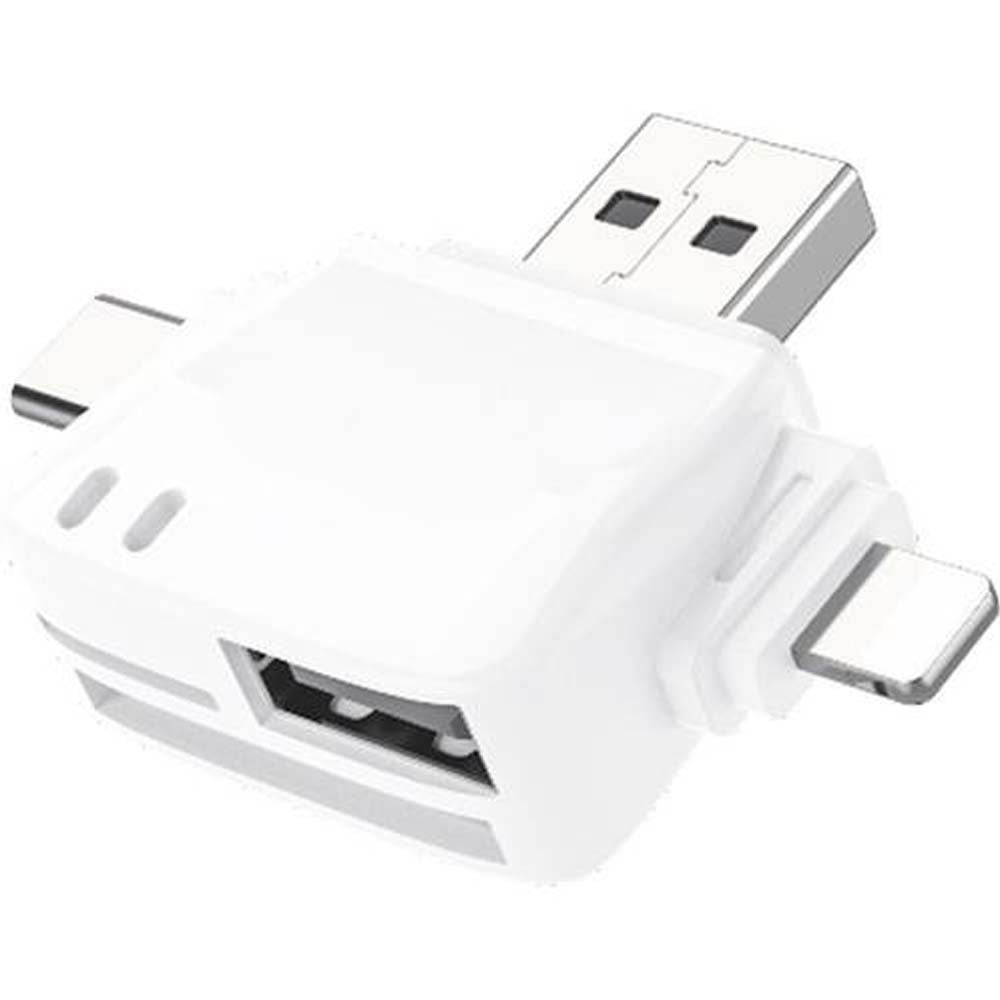 GD-DK121 6-in-1 OTG Mobile Card Reader. USB-C, Lightning, Micro USB & USB 2.0 with SD/TF card slots. Portable data transfer.