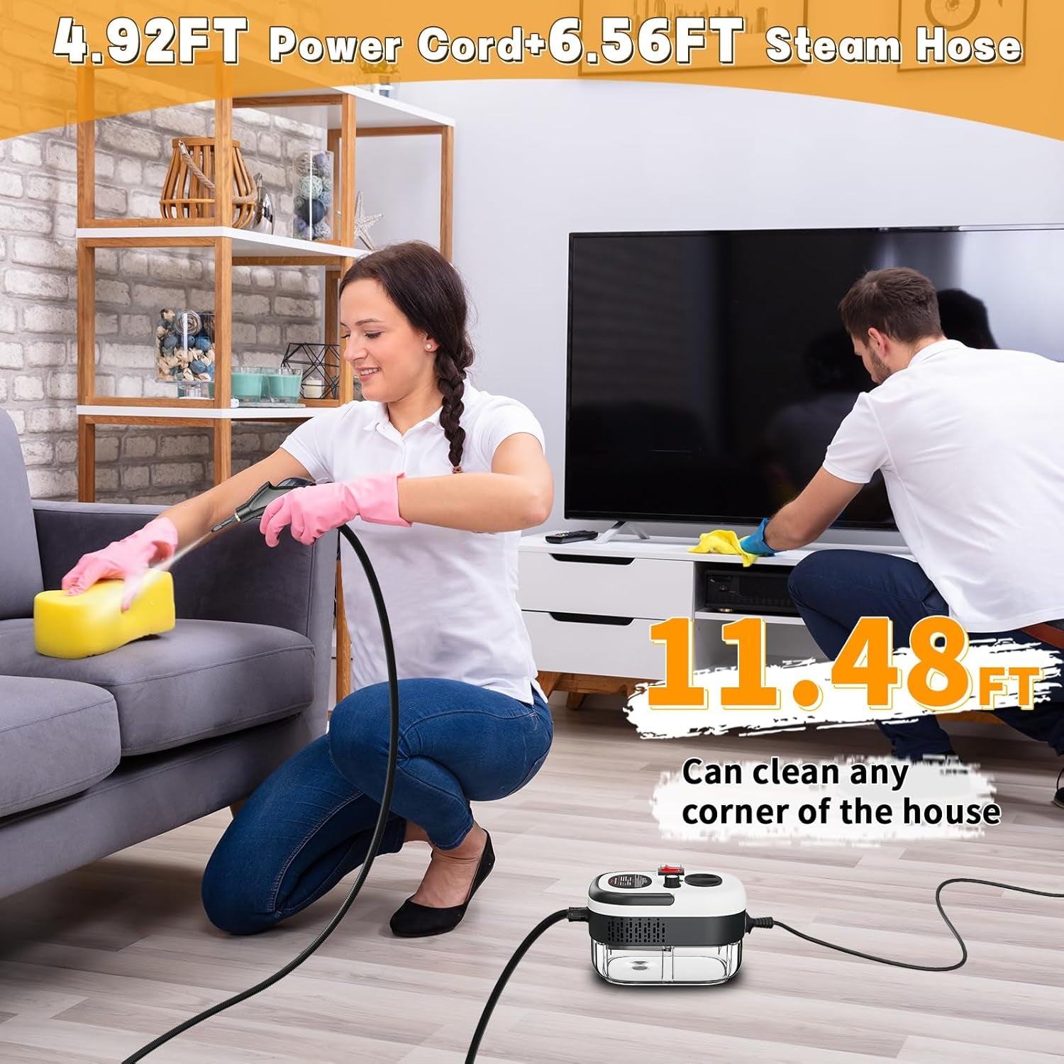 High Pressure Handheld Steam Cleaner. 15s fast heating portable steamer for dirt, grease, grout, tile, floor & car. White.