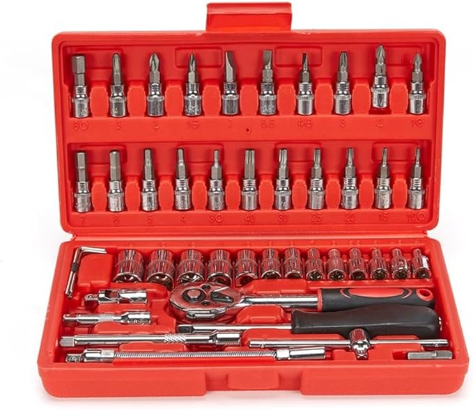 Heavy Duty Hand Tool Storage Box | Portable 46-Piece Auto Car Repair Kit with Ratchet Socket Wrench Set
