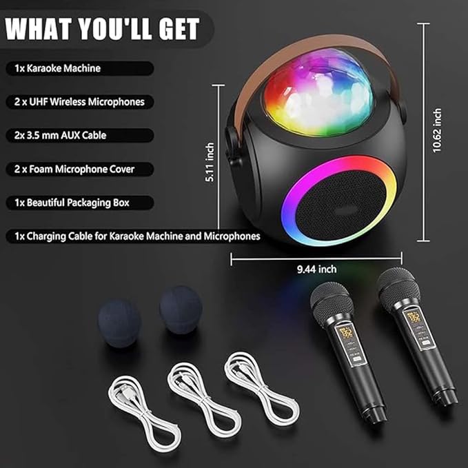 Karaoke Machine – Party-Ready Bluetooth Speaker with UHF Wireless Microphones and Disco Ball LED Lights