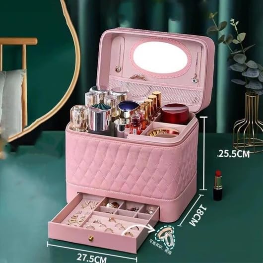 Leather Triple Makeup Case – Cosmetics Beauty Care Travel Storage with One Layer Drawer (Multi)